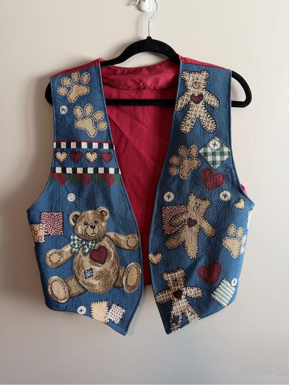 Handmade Teddy Bear Tapestry Vest Tie Back Cottagecore Grandmacore Women’s Large